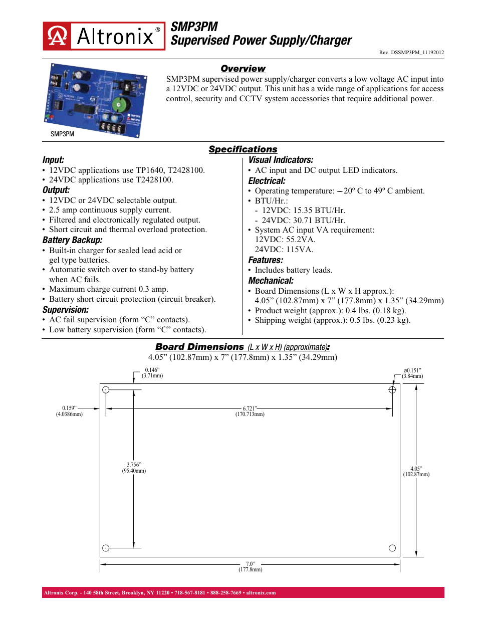 Altronix SMP3PM Data Sheet User Manual | 1 page