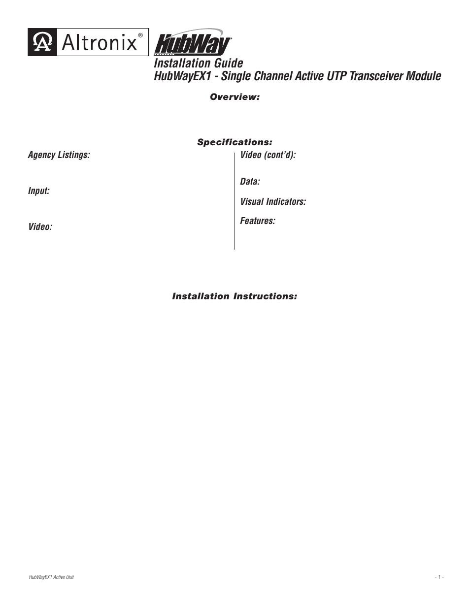 Altronix HubWay EX1 Installation Instructions User Manual | 4 pages