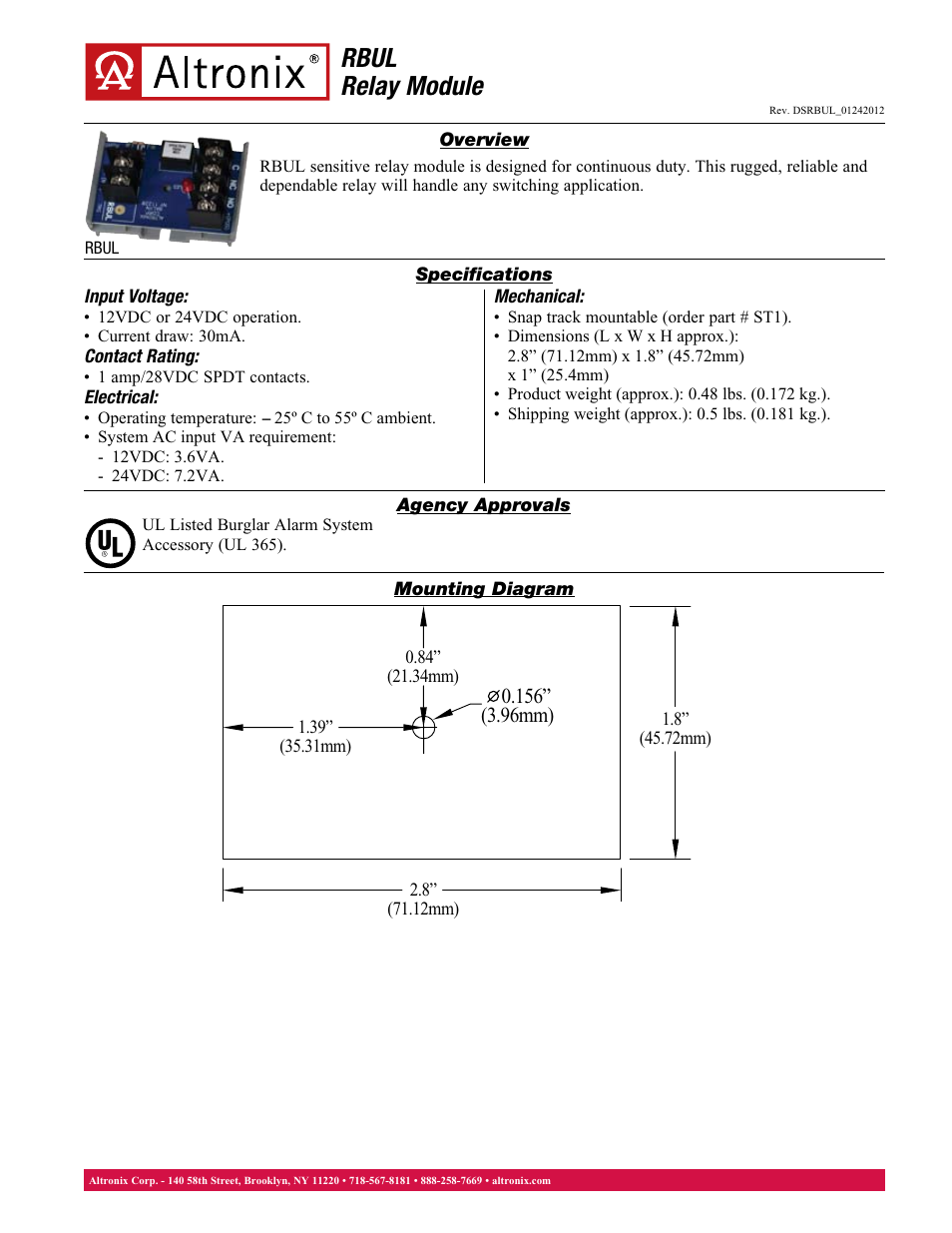 Altronix RBUL Data Sheet User Manual | 1 page