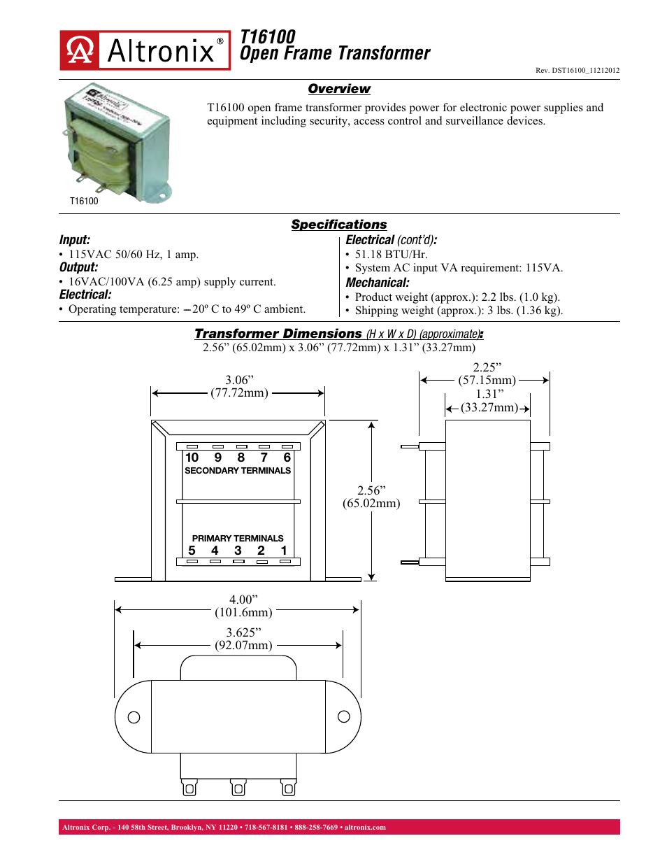 Altronix T16100 Data Sheet User Manual | 1 page