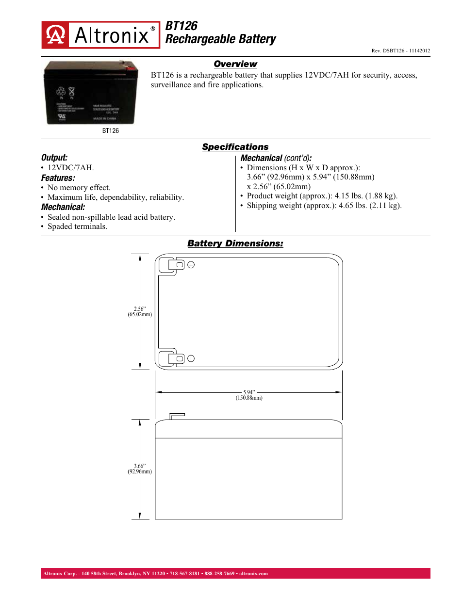 Altronix BT126 Data Sheet User Manual | 1 page