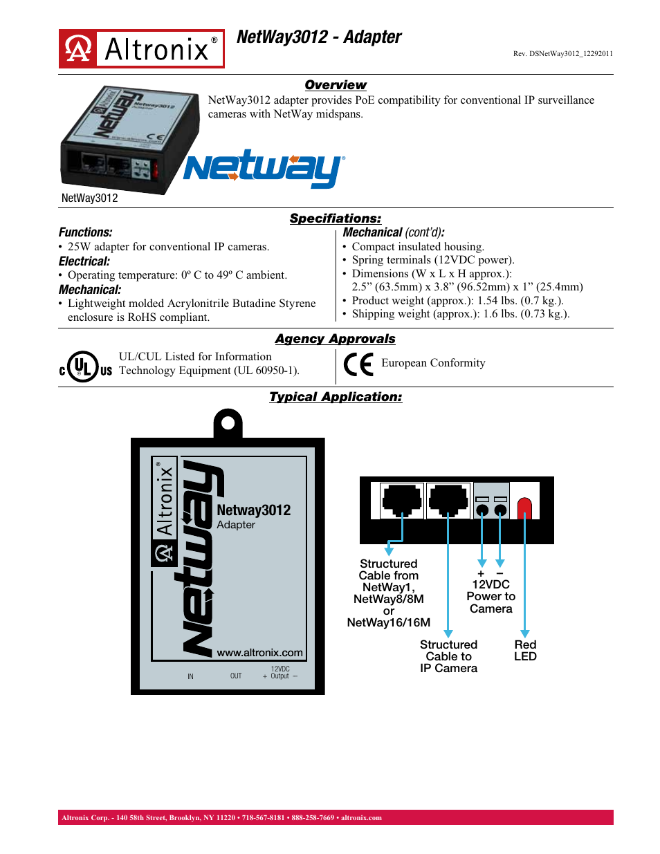 Altronix NetWay3012 Data Sheet User Manual | 1 page