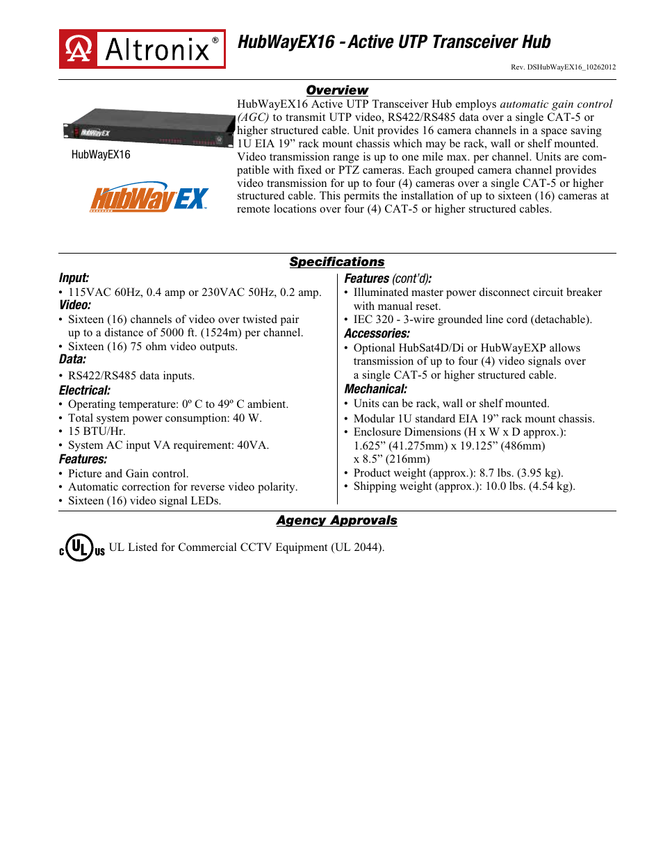 Altronix HubWay EX16 Data Sheet User Manual | 2 pages