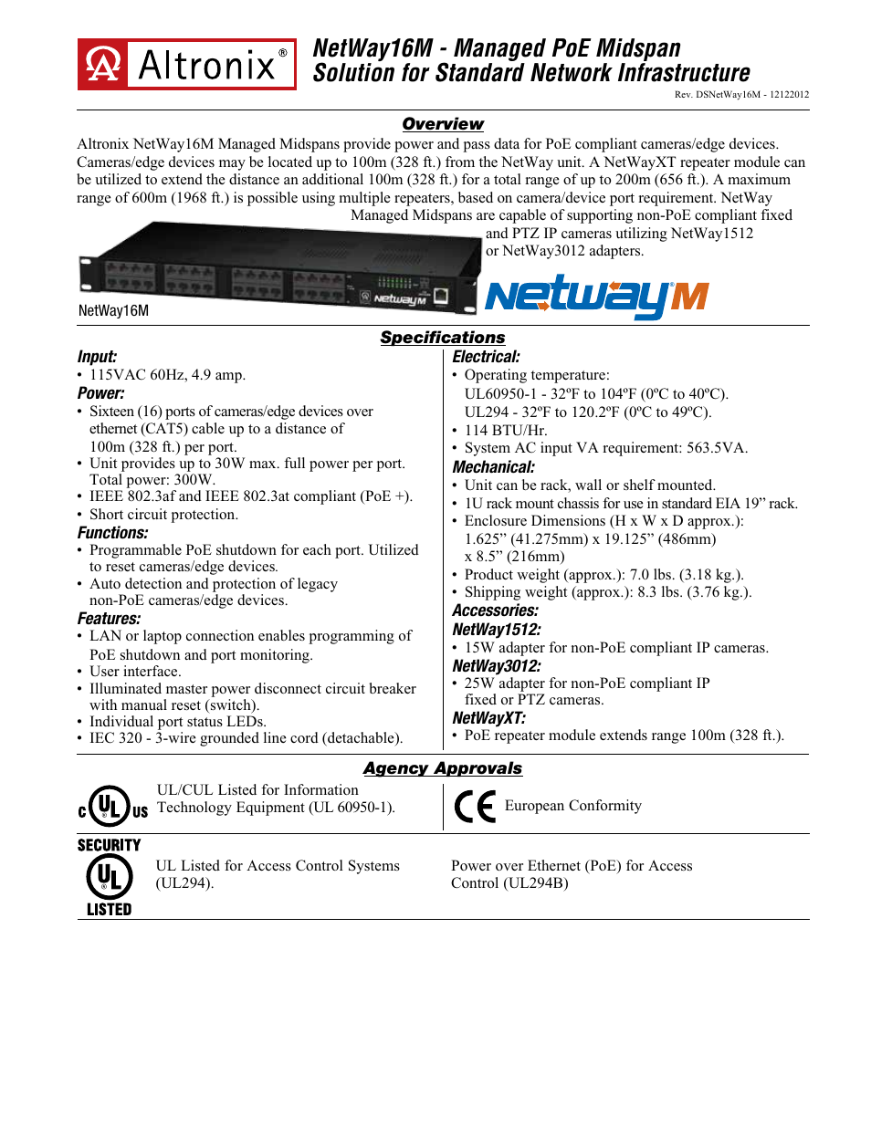 Altronix NetWay16M Data Sheet User Manual | 2 pages