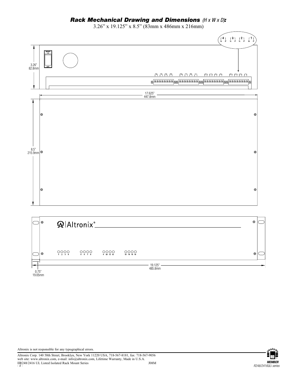 Rack mechanical drawing and dimensions | Altronix R248ULi Installation Instructions User Manual | Page 4 / 4