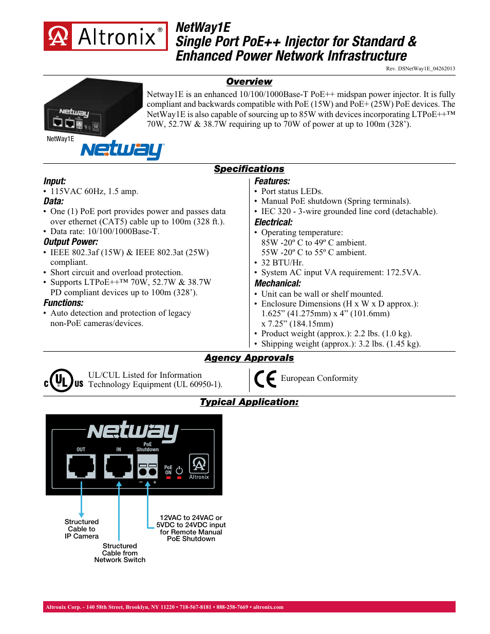 Altronix NetWay1E Data Sheet User Manual | 1 page