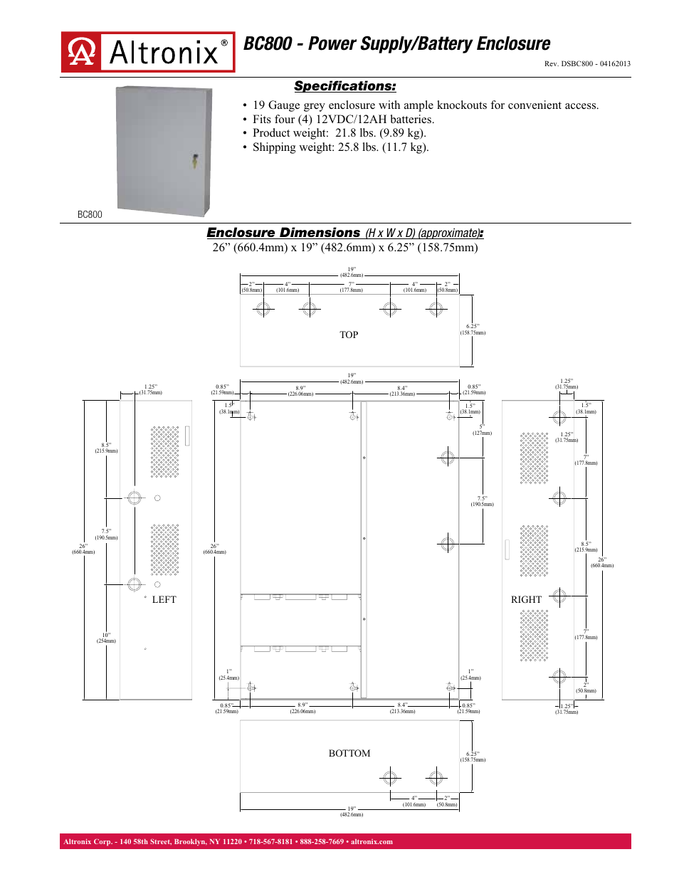 Altronix BC800 Data Sheet User Manual | 1 page