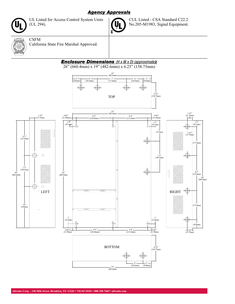 Agency approvals, Enclosure dimensions, Top left right bottom | Altronix Maximal33E Data Sheet User Manual | Page 2 / 2