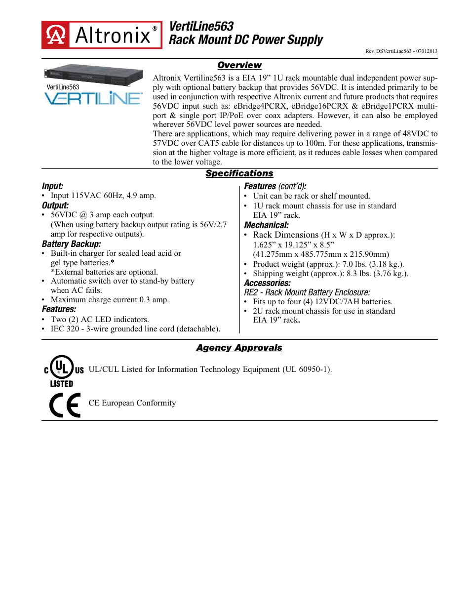 Altronix VertiLine563 Data Sheet User Manual | 2 pages