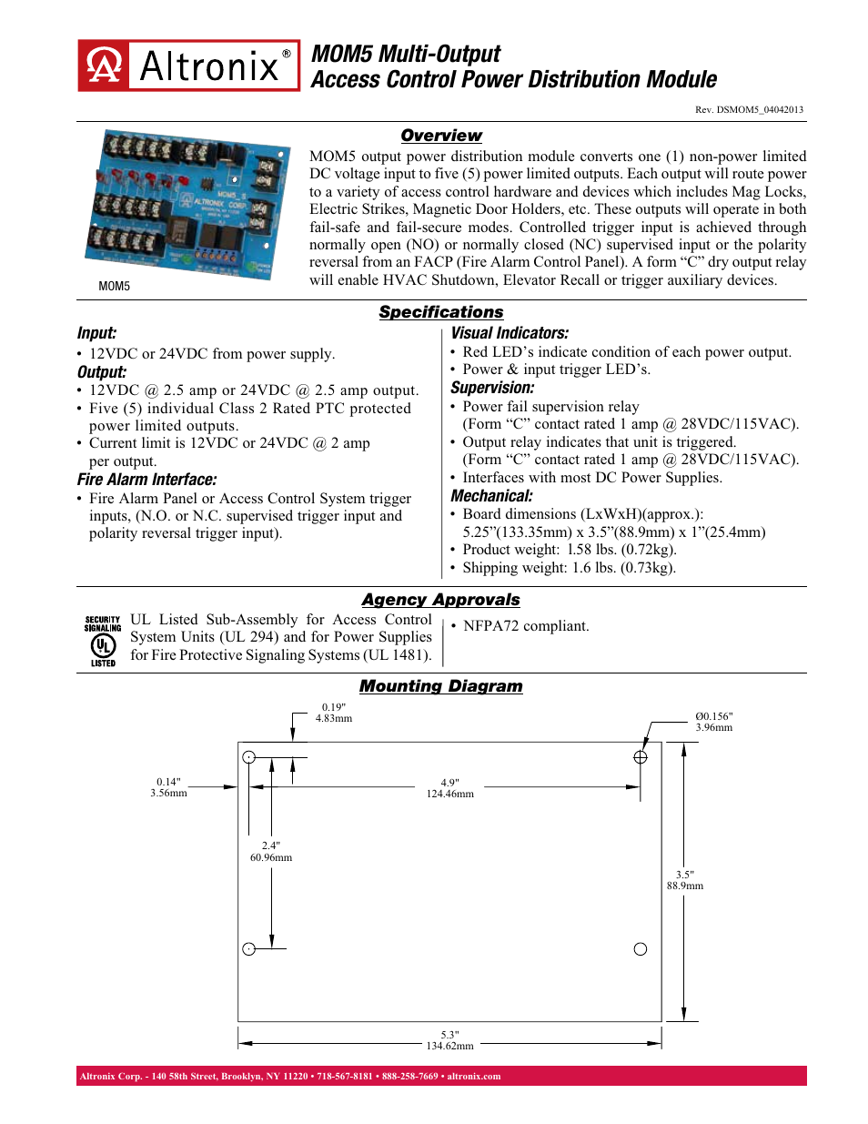 Altronix MOM5 Data Sheet User Manual | 1 page