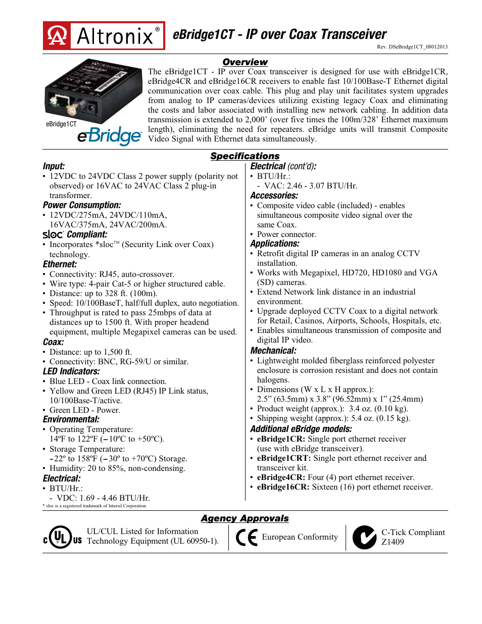 Altronix eBridge1CT Data Sheet User Manual | 2 pages