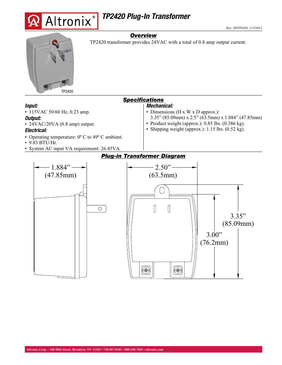 Altronix TP2420 Data Sheet User Manual | 1 page