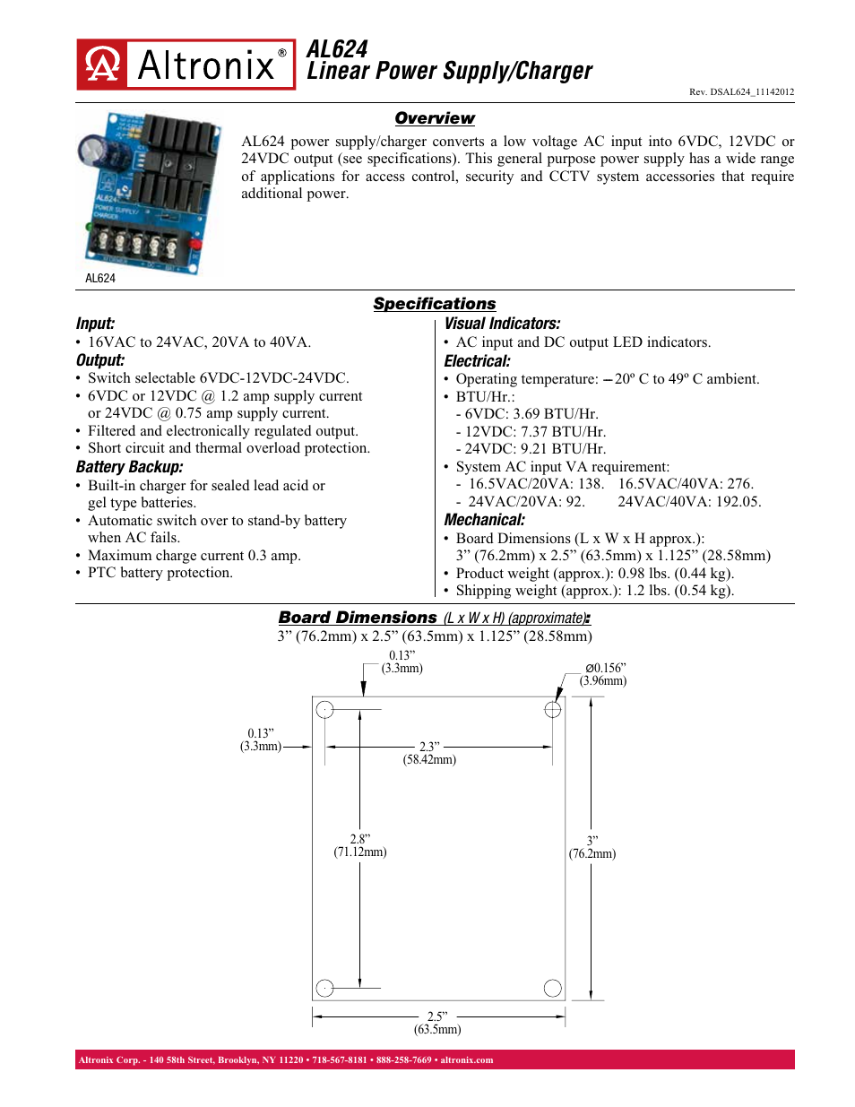 Altronix AL624 Data Sheet User Manual | 1 page