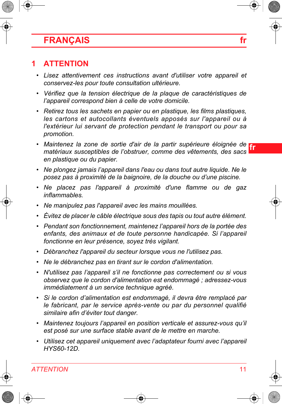 Français fr, 1 attention | SOLAC DH 8935 User Manual | Page 11 / 50