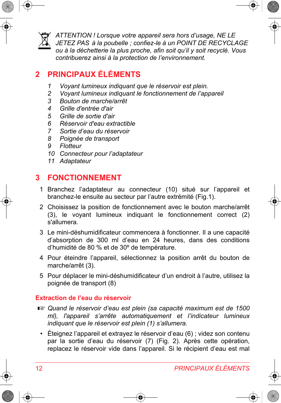 2 principaux éléments, 3 fonctionnement | SOLAC DH 8935 User Manual | Page 12 / 50