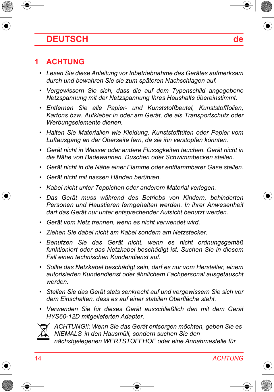 Deutsch de, 1 achtung | SOLAC DH 8935 User Manual | Page 14 / 50