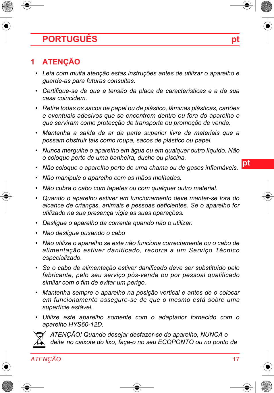 Português pt, 1 atenção | SOLAC DH 8935 User Manual | Page 17 / 50
