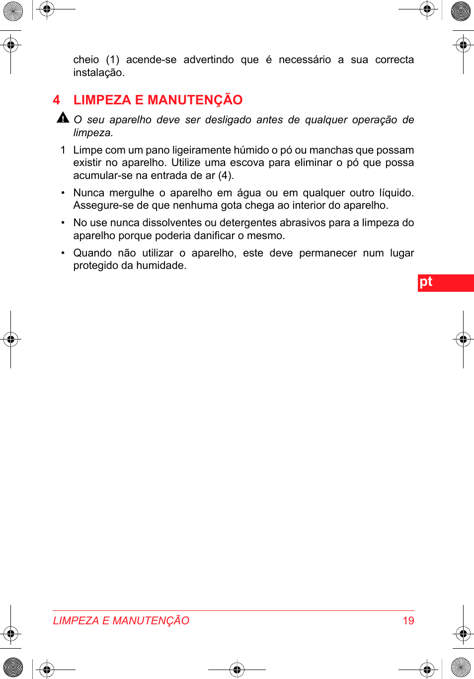 4 limpeza e manutenção | SOLAC DH 8935 User Manual | Page 19 / 50