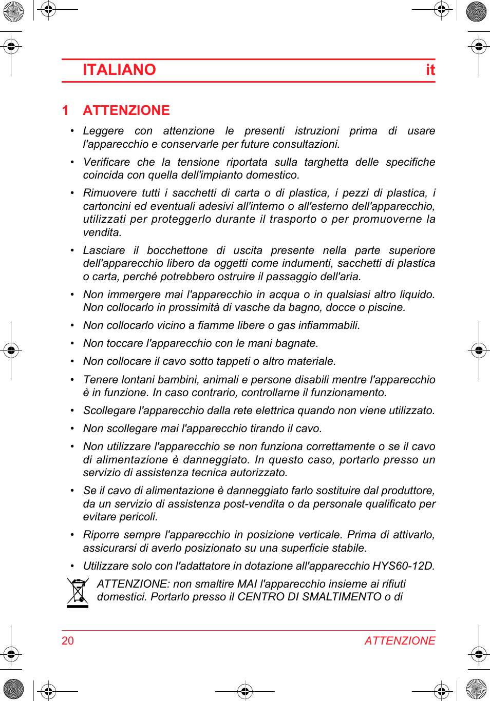 Italiano it, 1 attenzione | SOLAC DH 8935 User Manual | Page 20 / 50