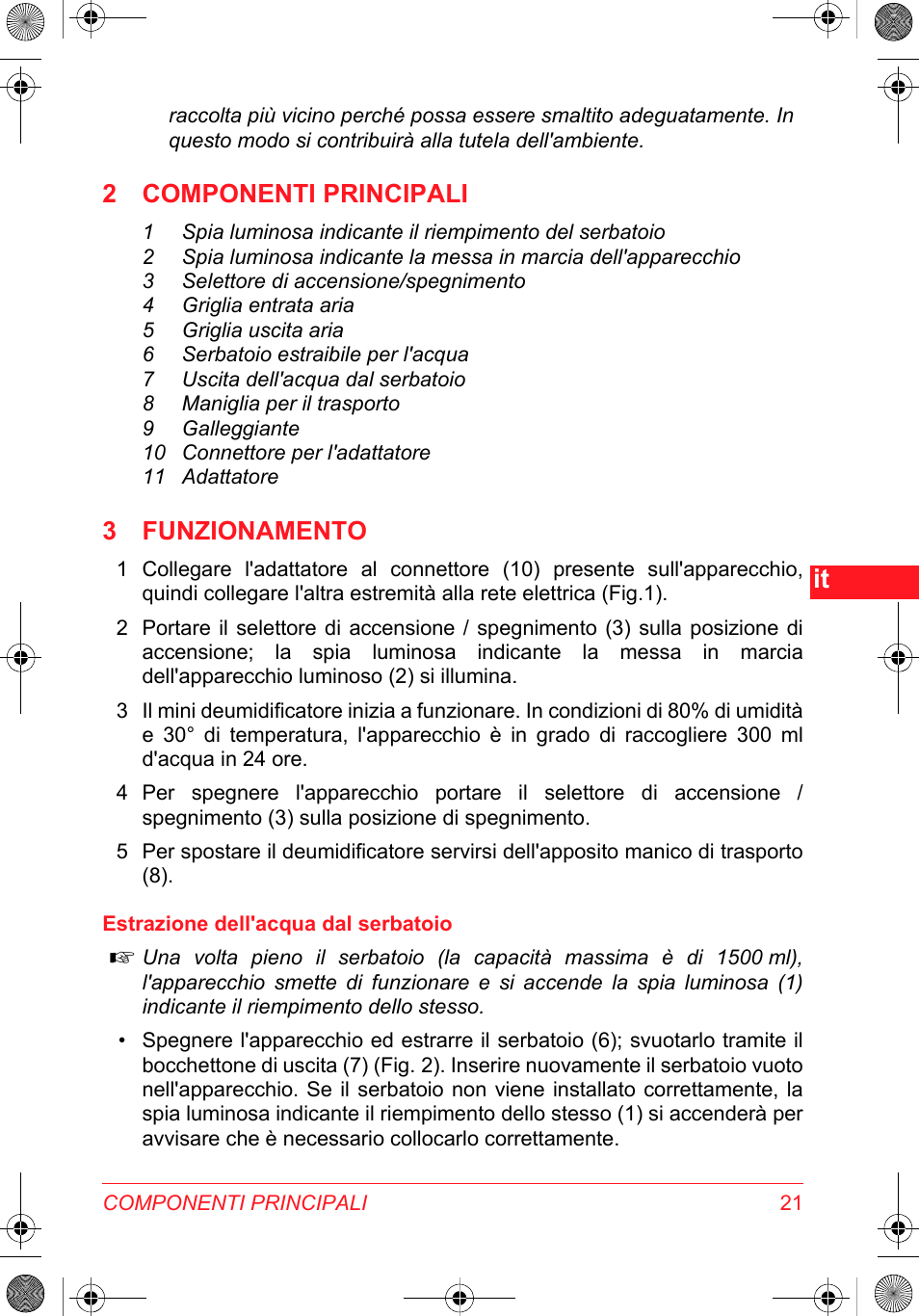2 componenti principali, 3 funzionamento | SOLAC DH 8935 User Manual | Page 21 / 50