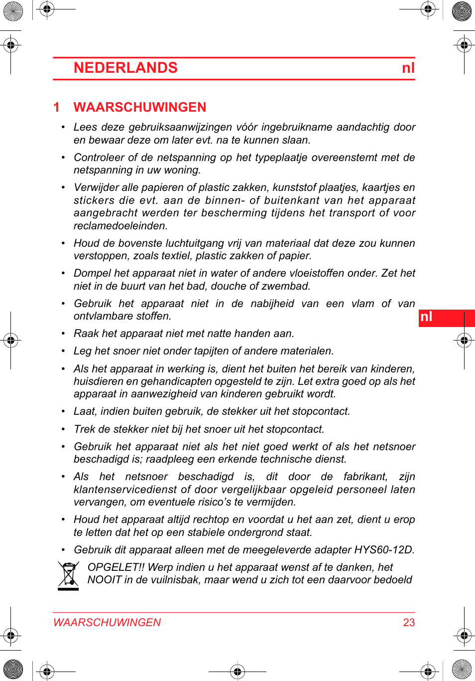 Nederlands nl, 1 waarschuwingen | SOLAC DH 8935 User Manual | Page 23 / 50