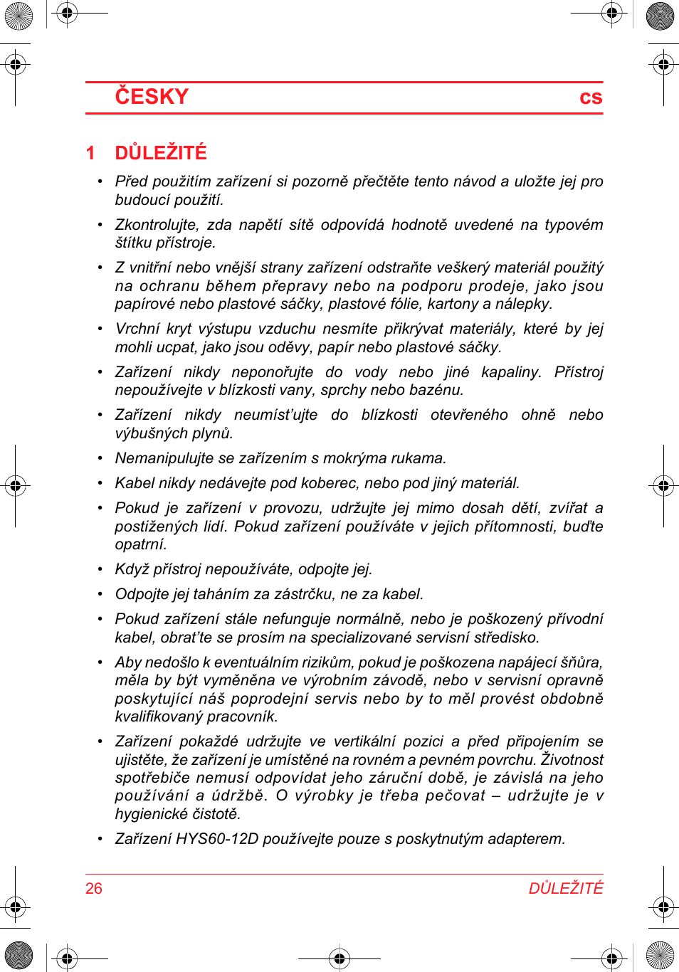 Česky cs, 1 důležité | SOLAC DH 8935 User Manual | Page 26 / 50