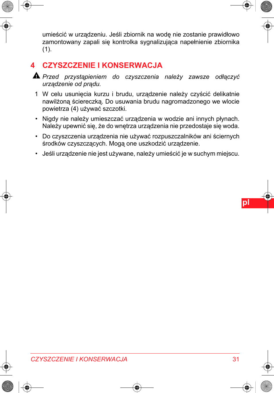 4 czyszczenie i konserwacja | SOLAC DH 8935 User Manual | Page 31 / 50