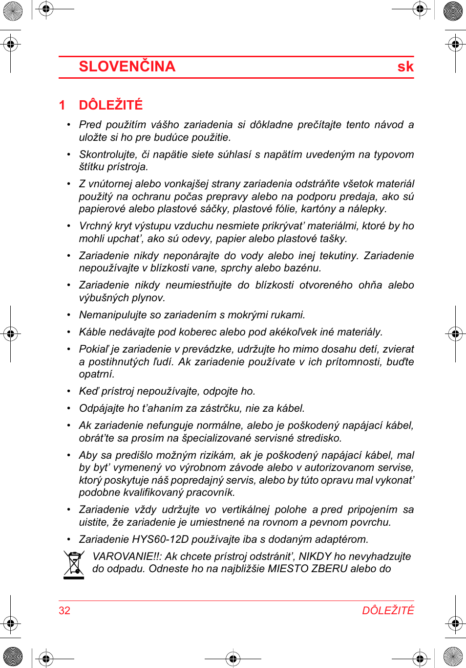 Slovenčina sk, 1 dôležité | SOLAC DH 8935 User Manual | Page 32 / 50