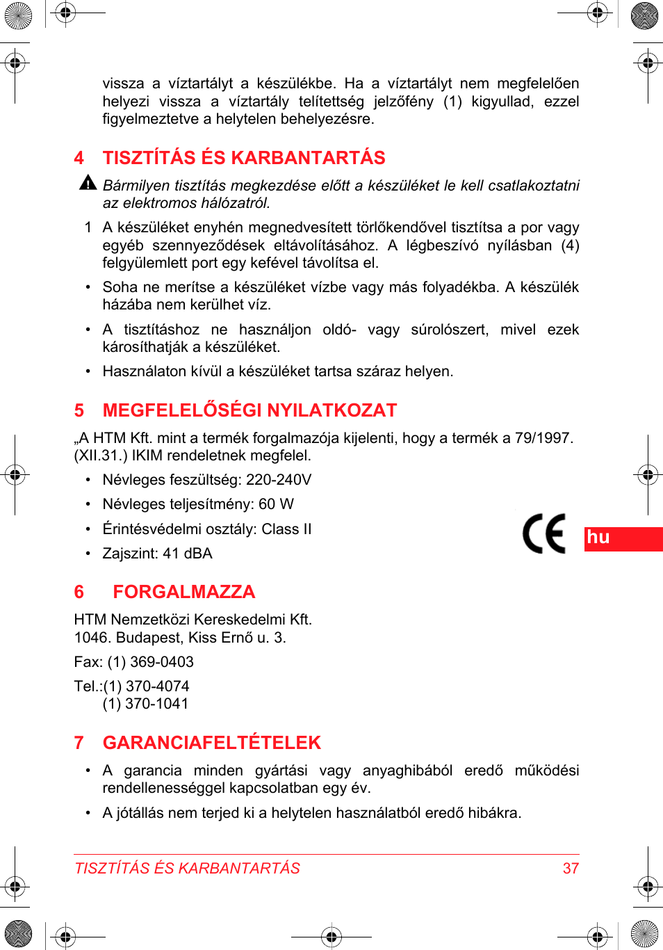 4 tisztítás és karbantartás, 5 megfelelőségi nyilatkozat, 6 forgalmazza | 7 garanciafeltételek | SOLAC DH 8935 User Manual | Page 37 / 50