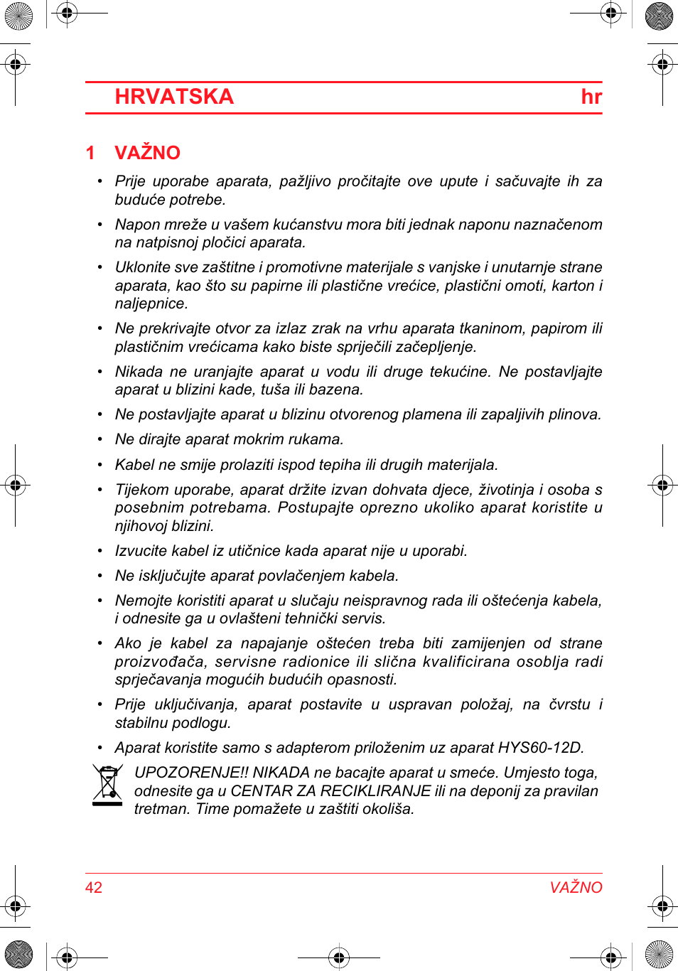 Hrvatska hr, 1 važno | SOLAC DH 8935 User Manual | Page 42 / 50