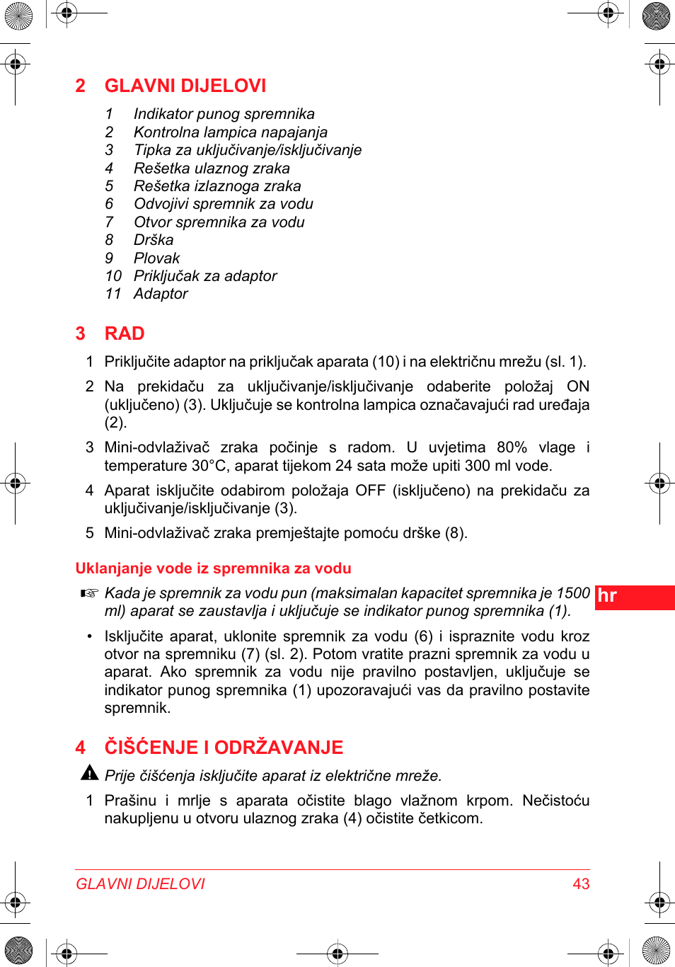 2 glavni dijelovi, 3 rad, 4 čišćenje i održavanje | SOLAC DH 8935 User Manual | Page 43 / 50