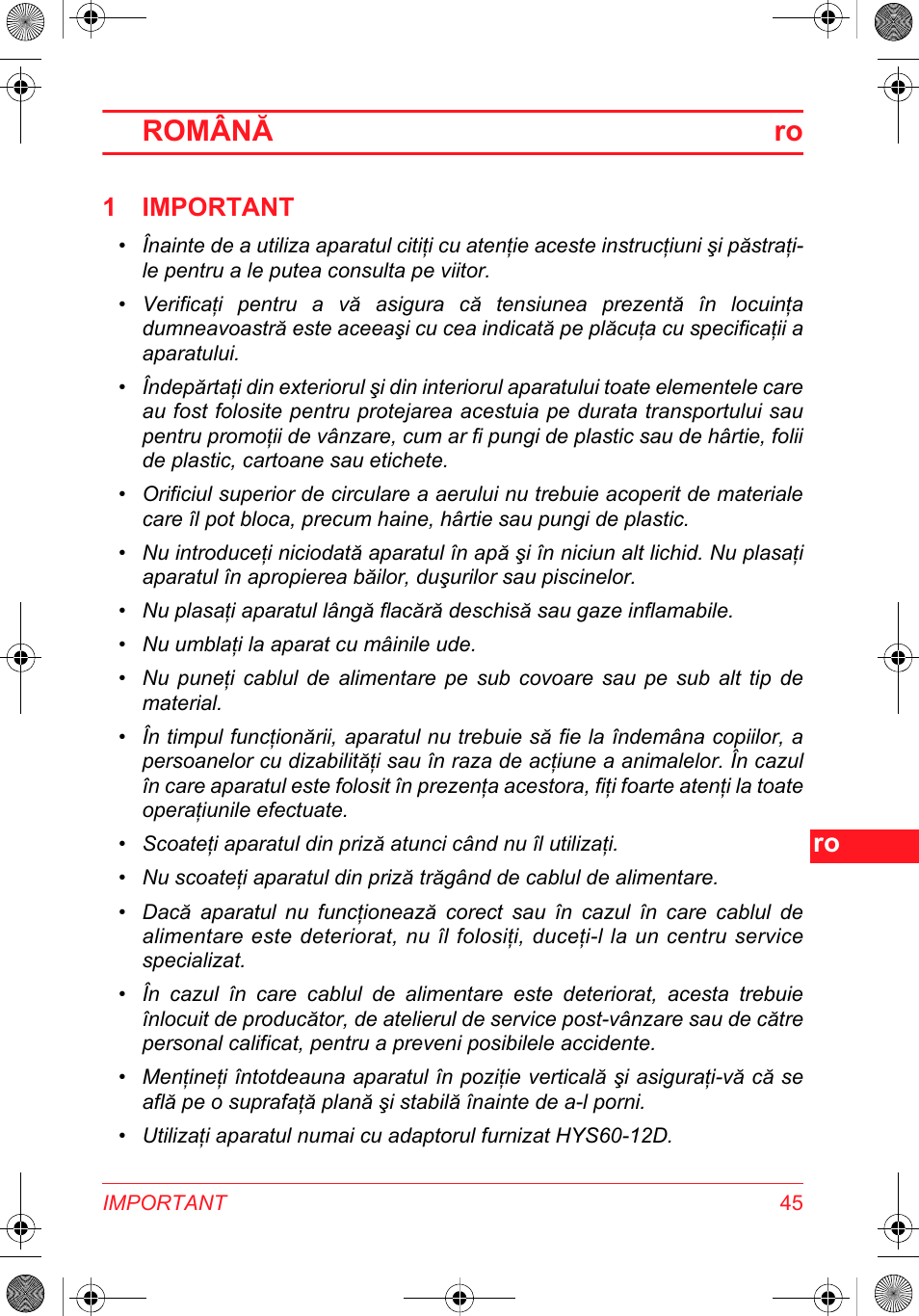 Română ro, 1 important | SOLAC DH 8935 User Manual | Page 45 / 50