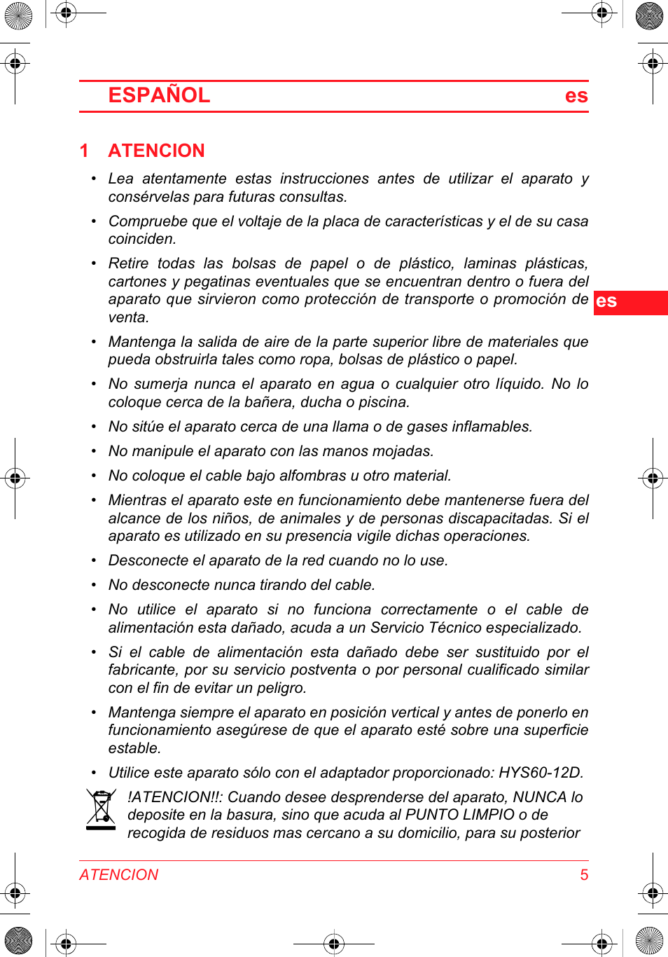 Español es, 1 atencion | SOLAC DH 8935 User Manual | Page 5 / 50