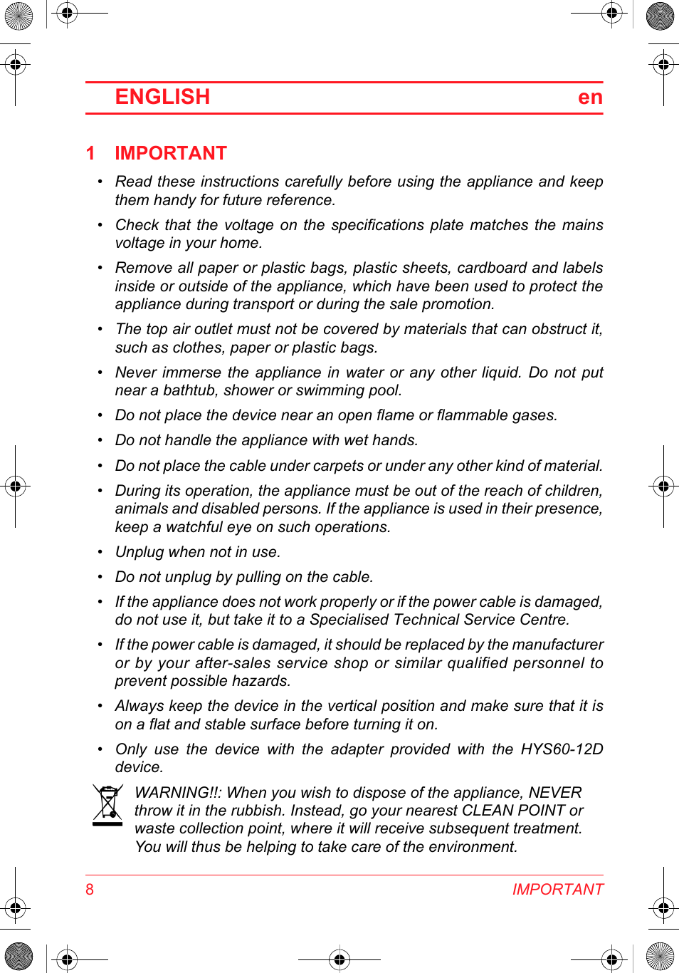 English en, 1 important | SOLAC DH 8935 User Manual | Page 8 / 50