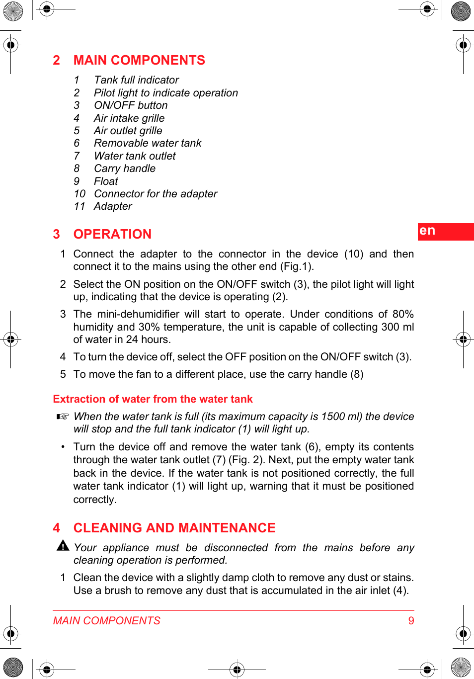 2 main components, 3 operation, 4 cleaning and maintenance | SOLAC DH 8935 User Manual | Page 9 / 50