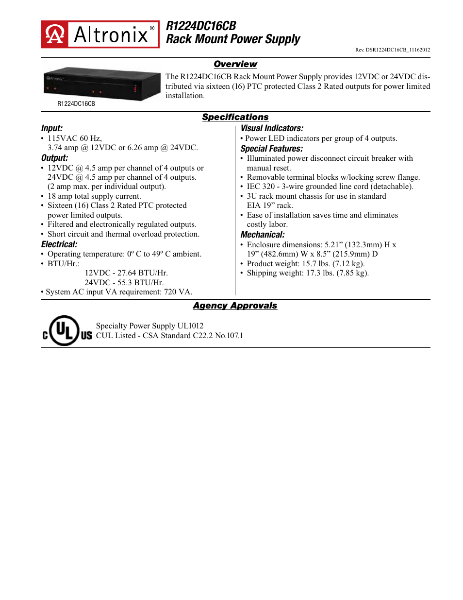 Altronix R1224DC16CB Data Sheet User Manual | 2 pages