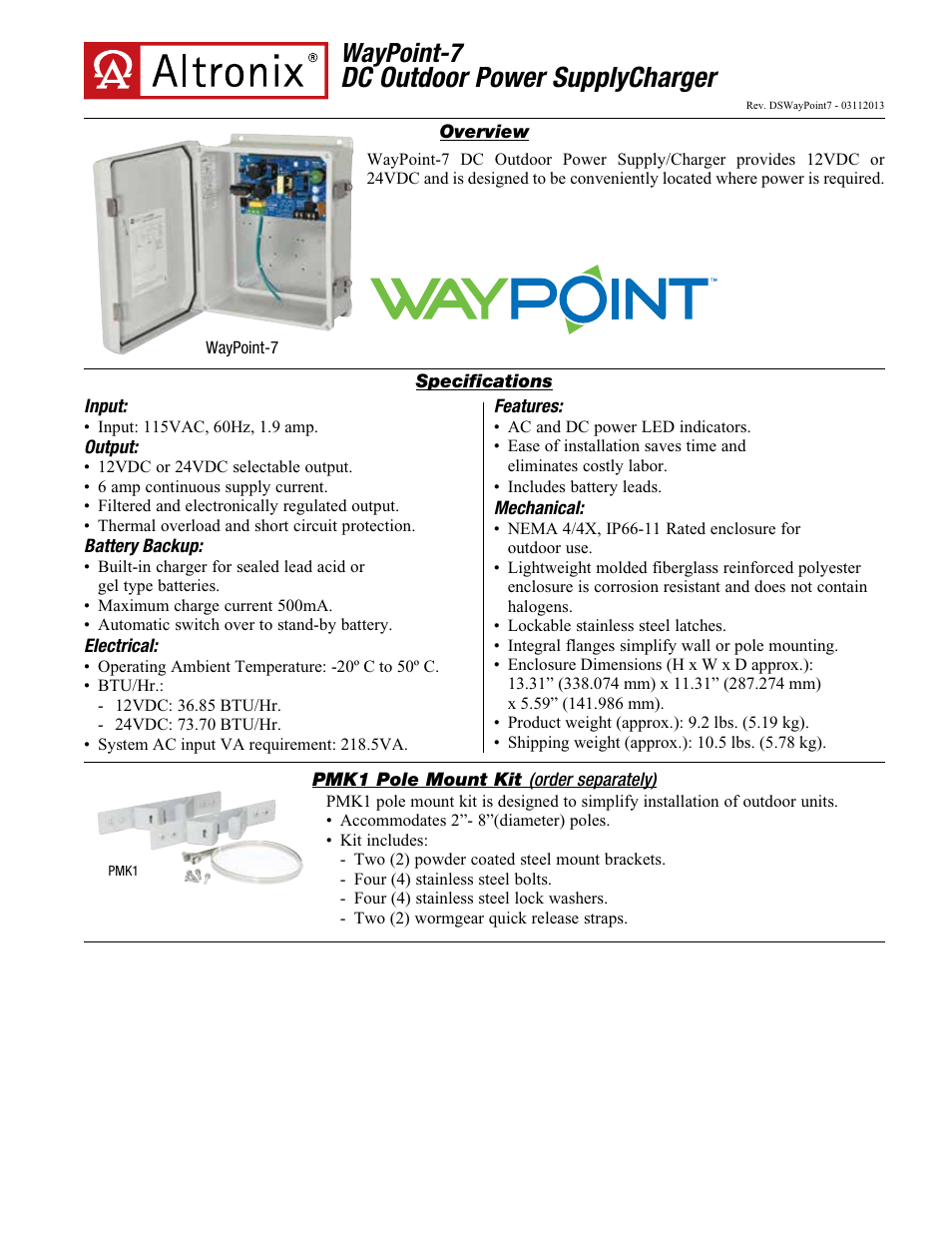 Altronix WayPoint-7 Data Sheet User Manual | 2 pages