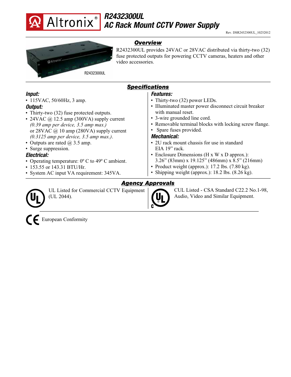 Altronix R2432300UL Data Sheet User Manual | 2 pages