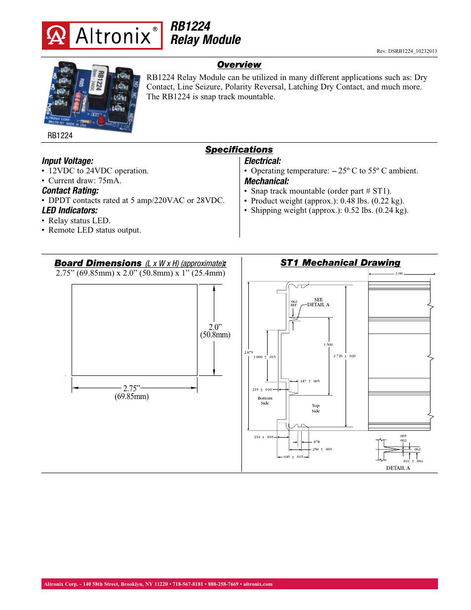 Altronix RB1224 Data Sheet User Manual | 1 page