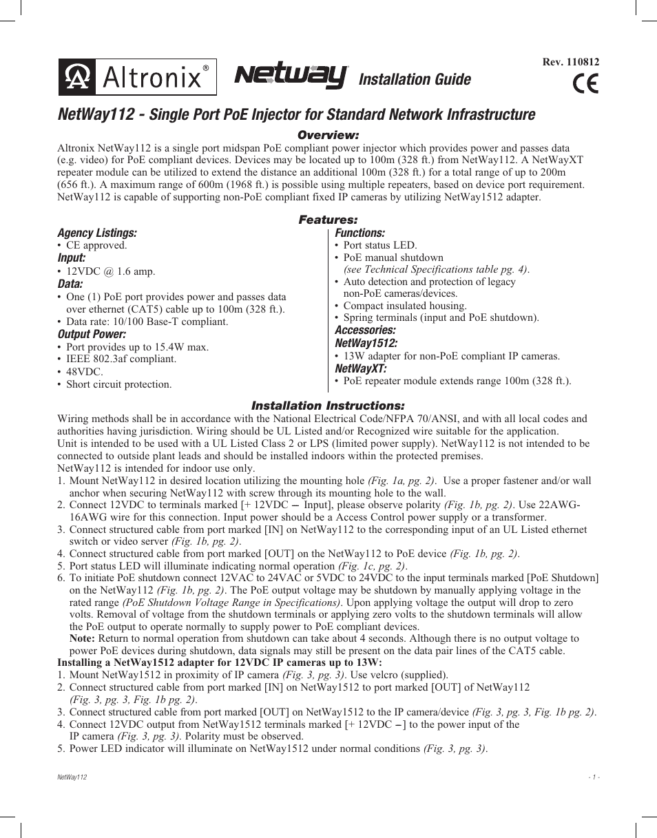 Altronix NetWay112 Installation Instructions User Manual | 4 pages