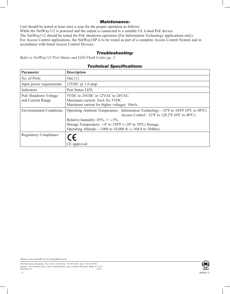 Altronix NetWay112 Installation Instructions User Manual | Page 4 / 4