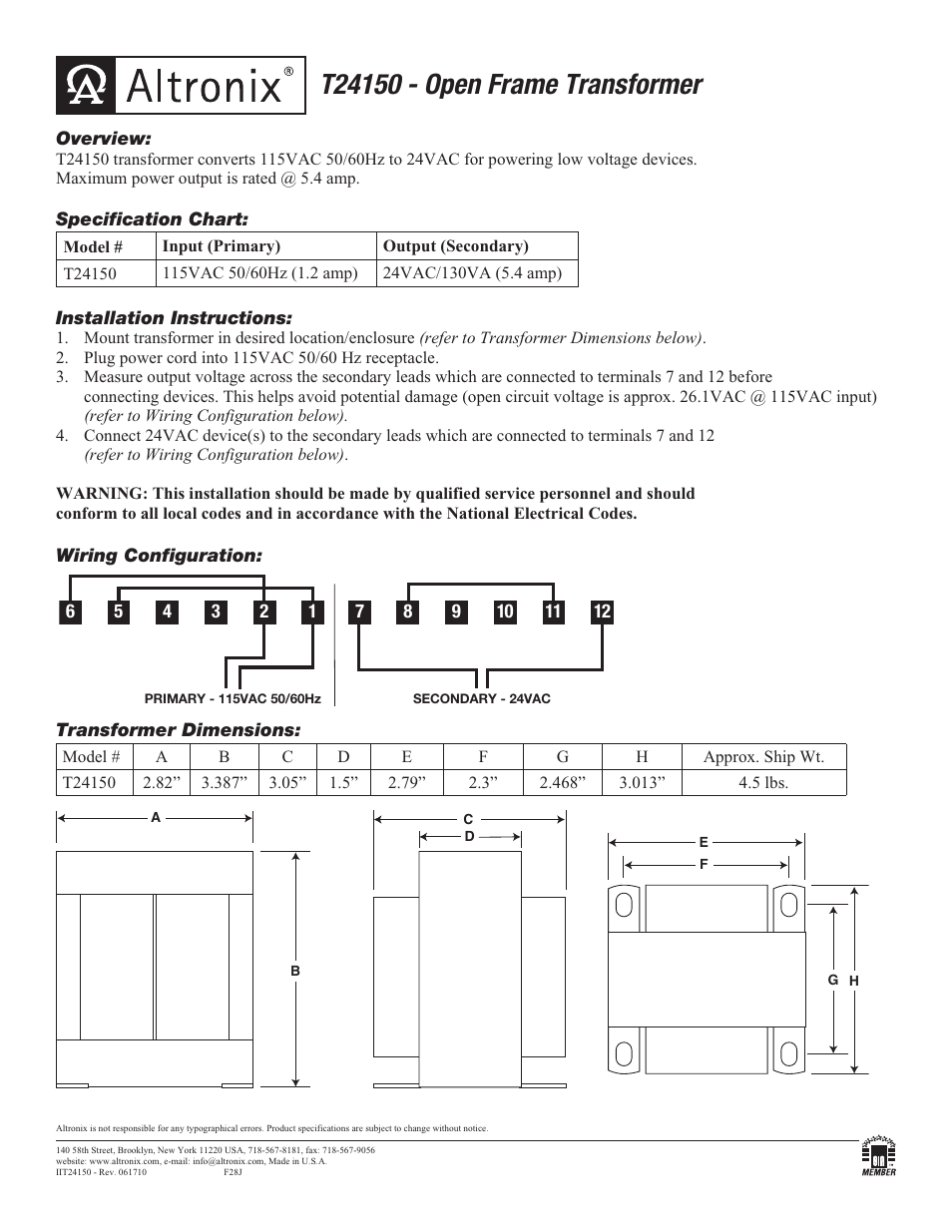 Altronix T24150 Installation Instructions User Manual | 1 page