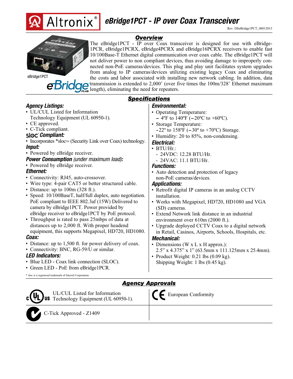 Altronix eBridge1PCT Data Sheet User Manual | 2 pages