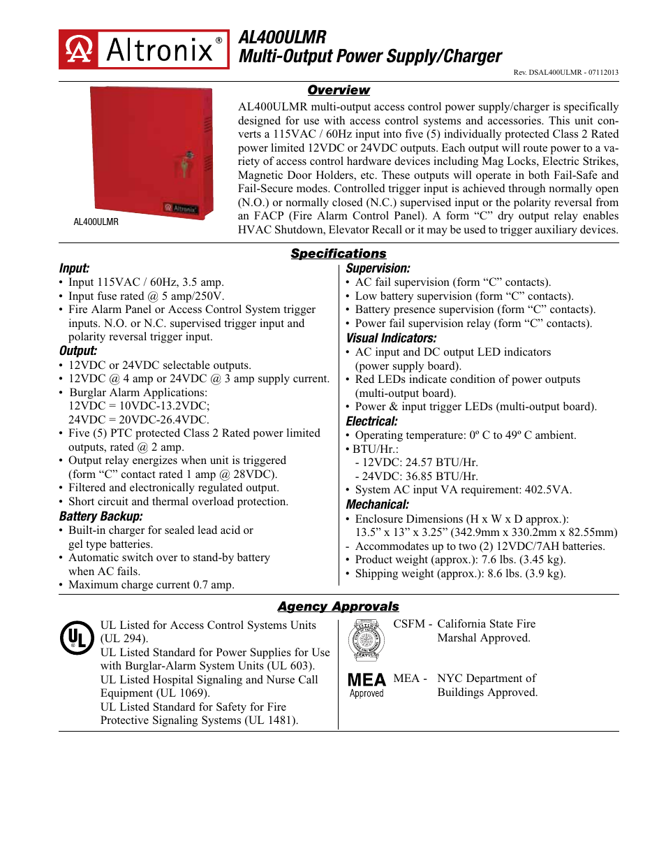 Altronix AL400ULMR Data Sheet User Manual | 2 pages