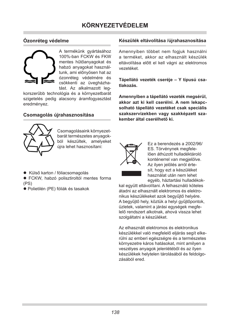 Környezetvédelem | AMICA FC 204.3 - VKS 15304 W User Manual | Page 138 / 164