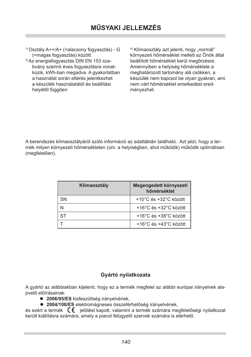 Műsyaki jellemzés | AMICA FC 204.3 - VKS 15304 W User Manual | Page 140 / 164