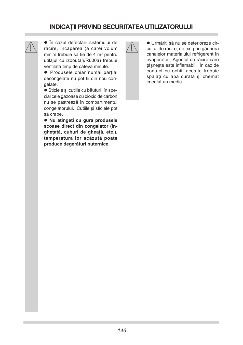 Indicaţii privind securitatea utilizatorului | AMICA FC 204.3 - VKS 15304 W User Manual | Page 146 / 164