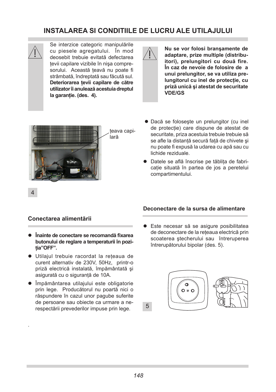 Instalarea si conditiile de lucru ale utilajului | AMICA FC 204.3 - VKS 15304 W User Manual | Page 148 / 164