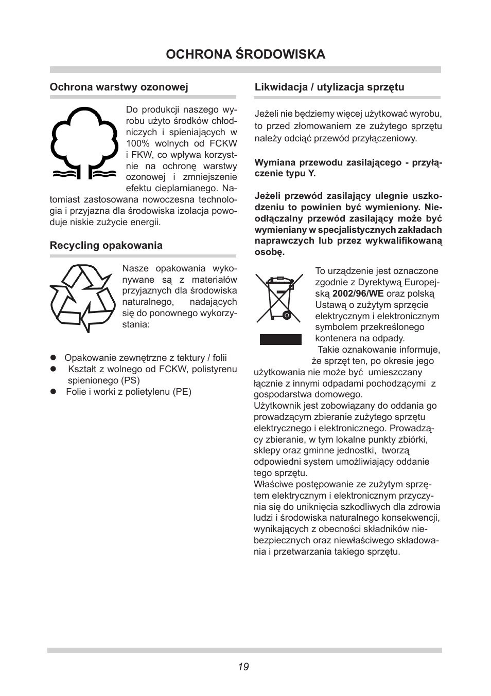 Ochrona środowiska | AMICA FC 204.3 - VKS 15304 W User Manual | Page 19 / 164