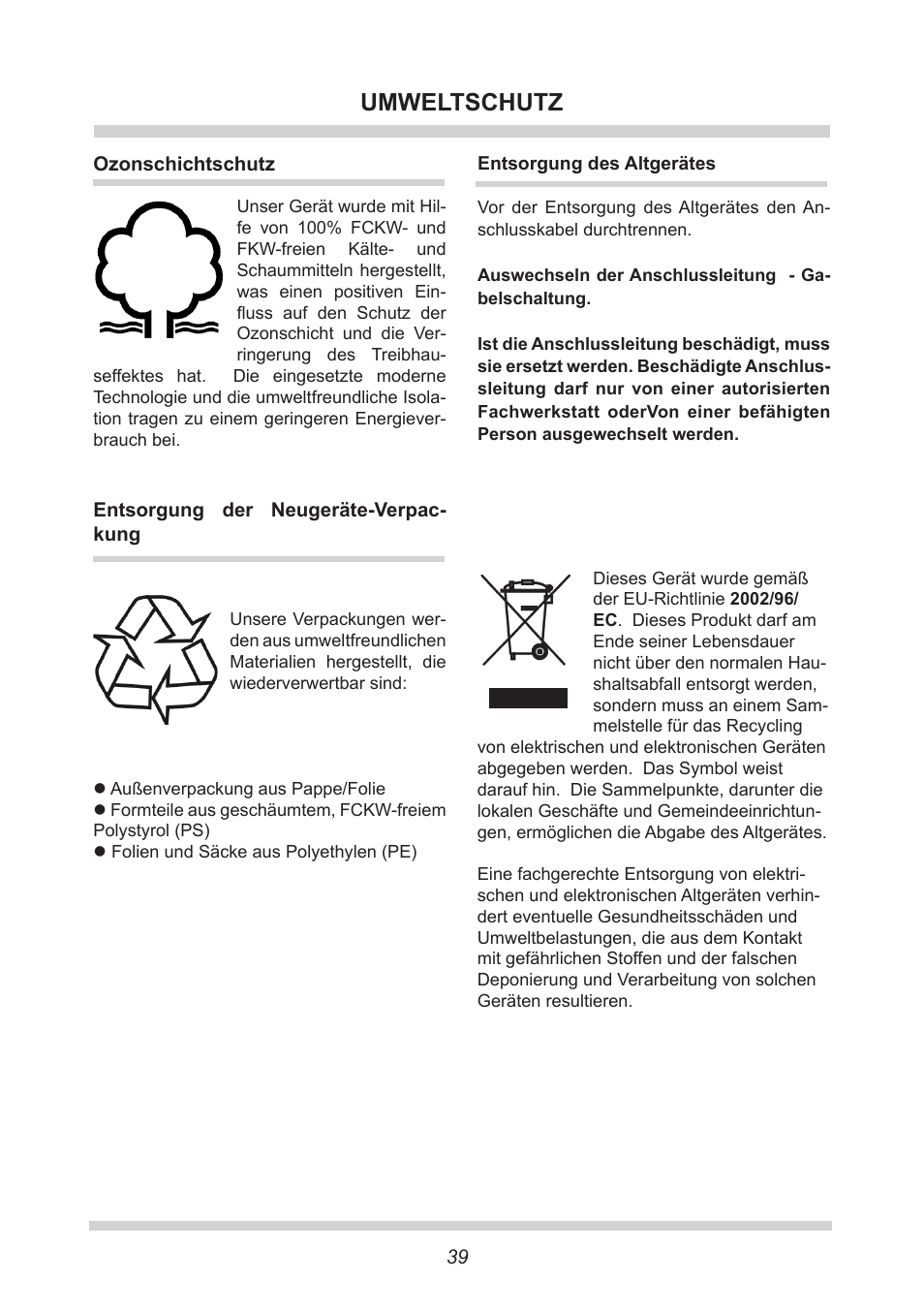 Umweltschutz | AMICA FC 204.3 - VKS 15304 W User Manual | Page 39 / 164